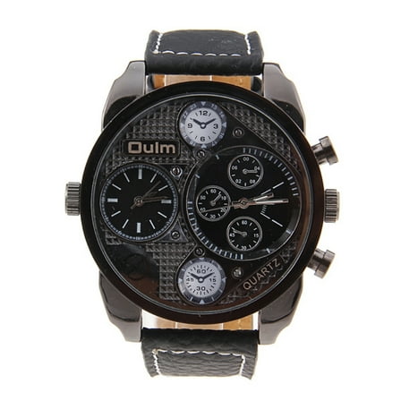 Worgeous 9316 Cool Men's Big Round Dial Dual Time Display Quartz Wrist Watch with PU Band (Black)