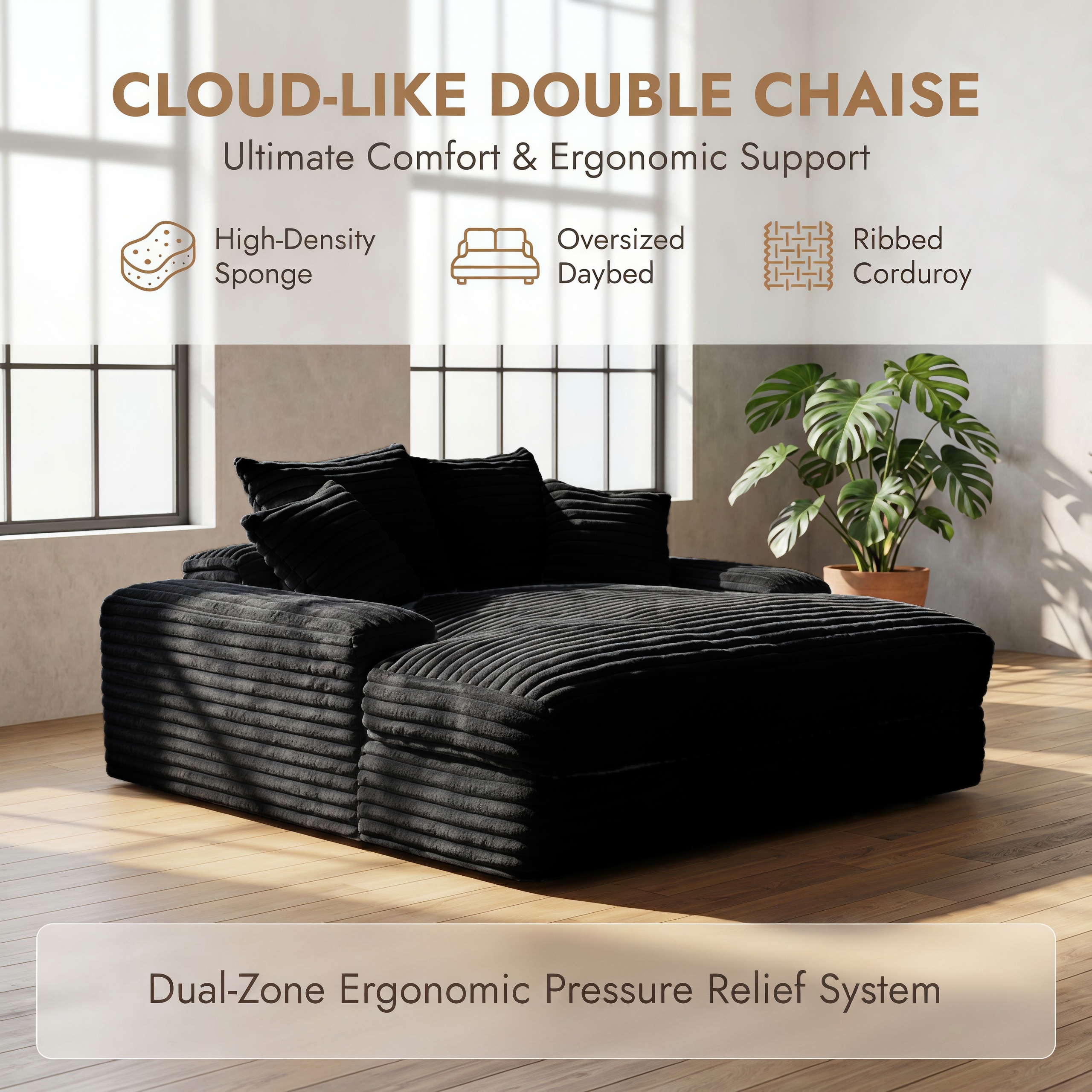 Modern Corduroy Oversized Chaise Lounge Chair, 66"Double Daybed Sofa Sleeper with 4 Pillows, No Assembly Cloud Couch for Living Room, Black