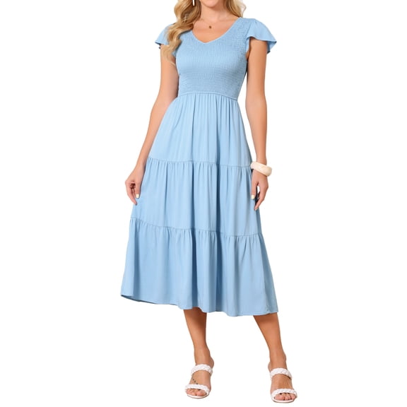 INSPIRE CHIC Women's Smocked Dress Casual Flutter Sleeve V Neck Summer A Line Elastic High Waist Tiered Midi Dresses S Light Blue