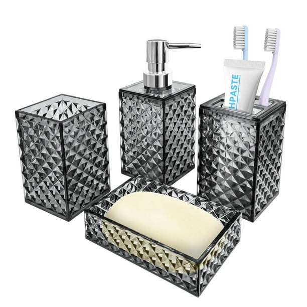 Set de accesorios de baño Seeatoo, 4 piezas, estampado de diamantes grises
