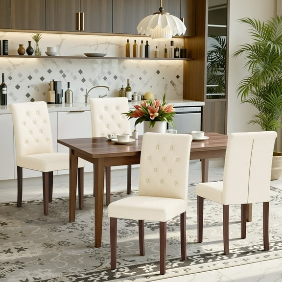 Pirecart Dining Chairs Set of 4, Modern Armless Side Chairs for Dining Room & Kitchen, Button-Tufted Parsons Design Upholstered Fabric Chairs with Solid Wood Legs, Beige