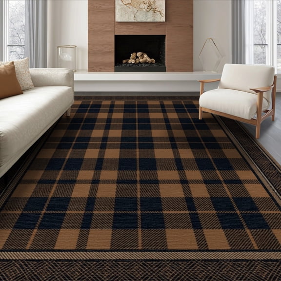 ODIKA 8'x10' Washable Area Rug Non-Shedding, Easy Care, Farmhouse Tartan Design With Striped Border Accents Buffalo Plaid Refined for King Size Bedroom Under Bed, Master Suite