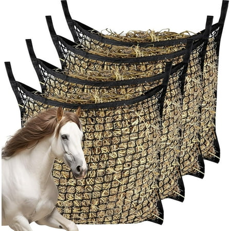 4 PCS Slow Feed Hay Net，31.5" x 35.1"Large Capacity Horse Feed Bag,Horses Hay Bags Easy to Hang for Horse Feeder Full Day Feeding Horses Goat Stall Trailer-Black