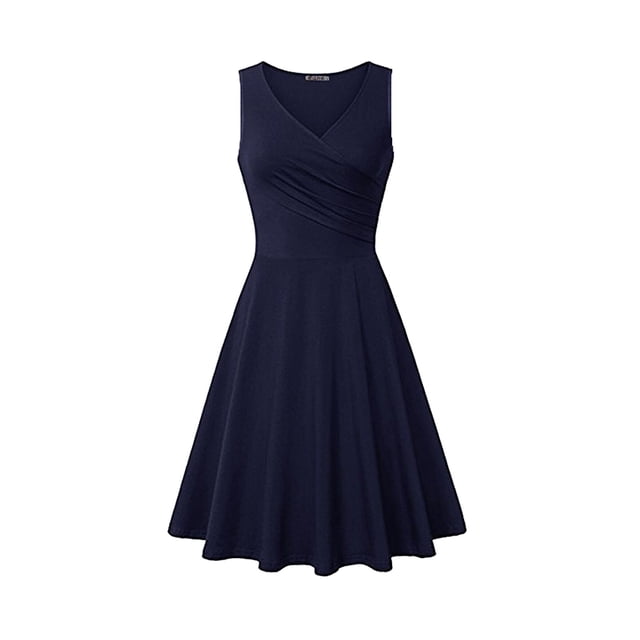 WTXUE Robes Chemises, Robes Chemises Sans Manches pour Thé à Col en V, Robe Décontractée pour Femmes Robe T-Shirt Ajustée Robe Évasée Robe Unie Froncée Robe Unie Mi-Longue pour Femmes, Bleu Taille TG