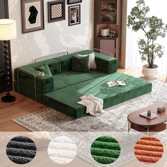 Lodeija 80.3" 5-in-1 Convertible Futon Sofa Bed,Sleeper Couch for Small Spaces and living room, 2 Pillows,Green