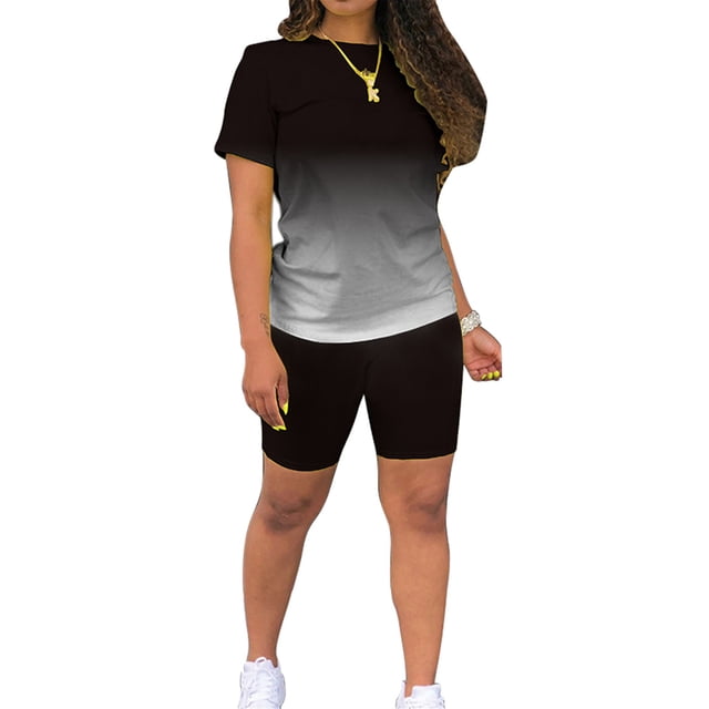 Conjunto activo deportivo informal para mujer, camisetas y pantalones cortos de color degradado de manga corta de verano, conjuntos de chándal