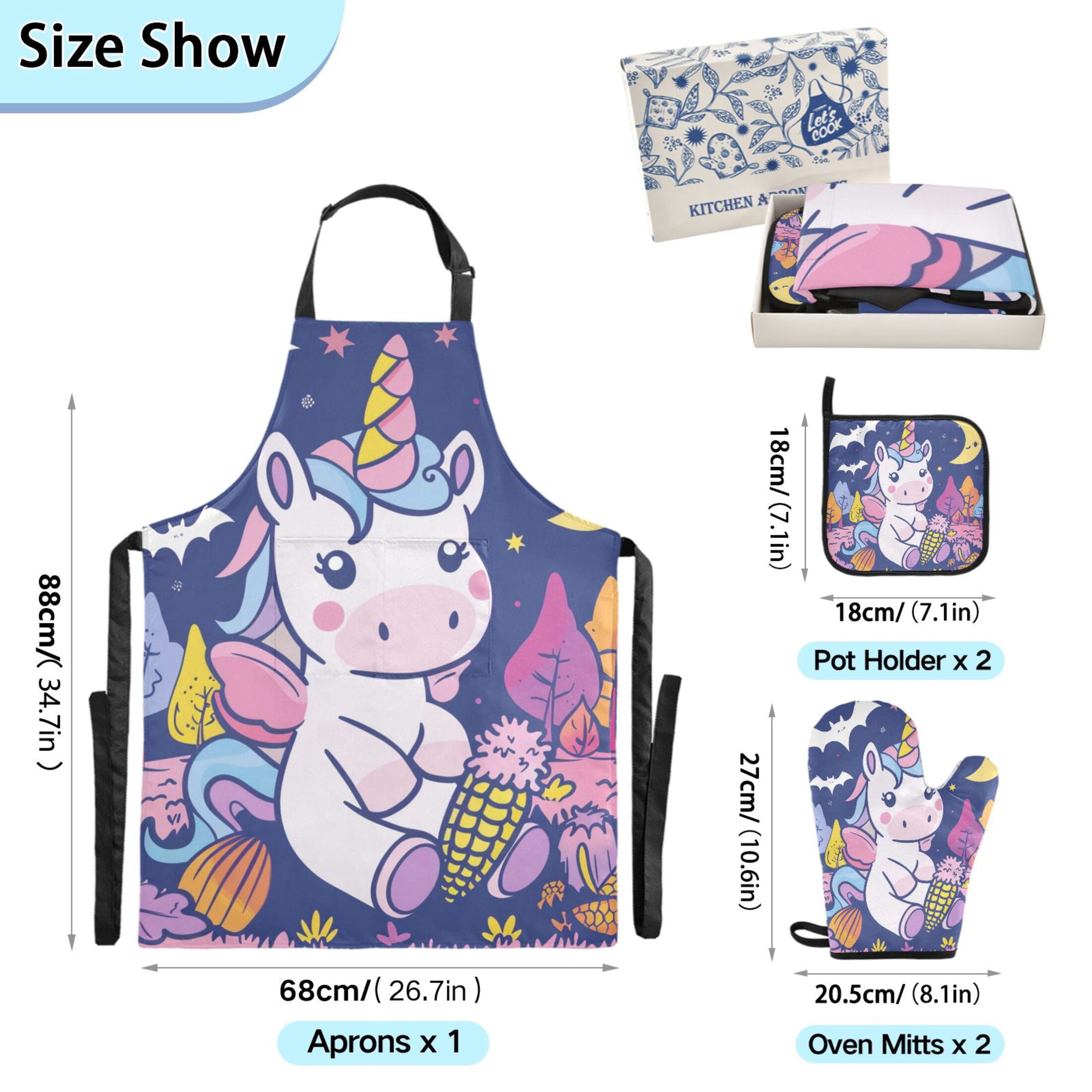 Cartoon Unicorn Moon Corn 5 Pcs Kitchen Set Heat Resistant Oven Mitts and Non-Slip Pot Holders with Adjustable Cooking Apron