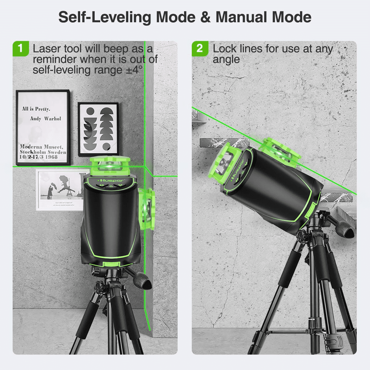 Huepar 3D Cross Line Laser Level 3 x 360 Green Beam Self-leveling Laser Level Tools with Li-ion Battery and Magnetic Pivoting Base