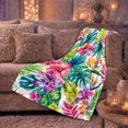 thumbnail image 6 of Magenta Hibiscus with Monstera and Palm Leaves, Bold Tropical Style for Flower Lovers, Jewel Color Garden and Housewarming Gift, Soft Flannel Blanket for Sunroom and Guest Room, Home Decor, 6 of 9