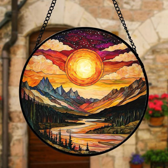 Stained Glass Window Hanging, Dusk Sunset Landscape Suncatcher, Lakes & Mountains Glass Panel Decor for Birthday Gift for Women, Men, Mom
