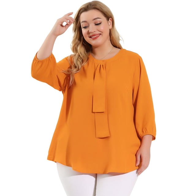 Women's Plus Size Work Round Neck Ruffle Chiffon Blouse Top Orange 2X