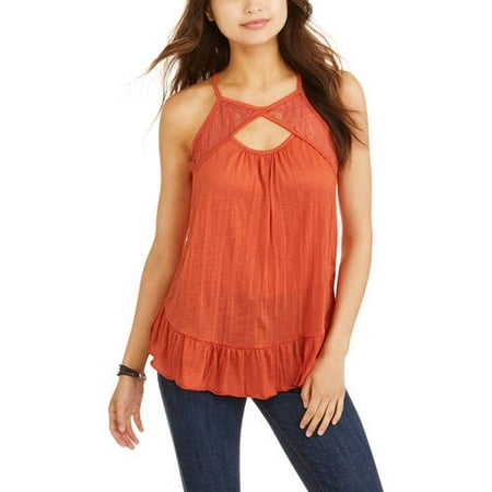 No Boundaries Juniors High Neck Halter Tank With Lace Yoke Front