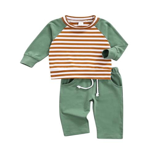 Toddler Baby Boys Girls Clothes Set Bear Print Long Sleeve Green T-Shirt Tops Striped Pants 2 Piece Outfits