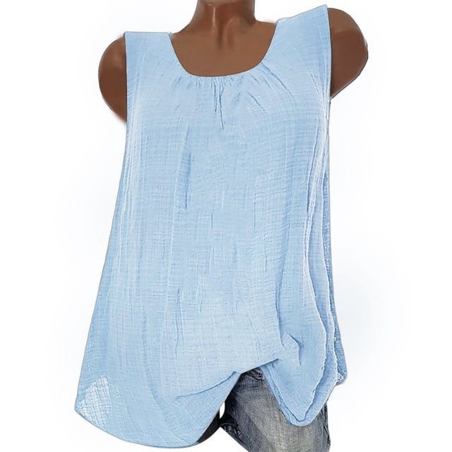 WEIYLL T-Shirts Women Baggy Sleeveless Vest Tank Plus Solid Ruffles Light Blue Tees Sizes XXXL