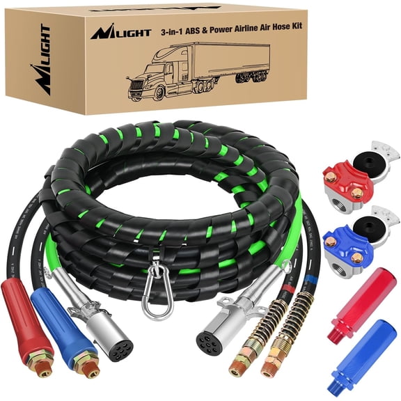 Nilight 15FT Semi Truck Air Line Hose Assembly Kit 3 in 1 Brake Hoses 7 Way Trailer Cord Glad Hands ABS Red Blue Heavy Duty Gladhand Green Electrical Power Breakaway Line for Tractor Trucks