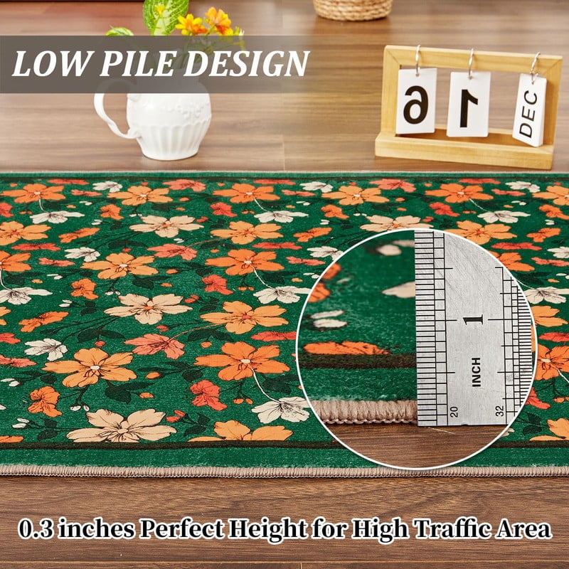 2'x6' Runner Rug Boho Floral Small Non-Slip Low Pile Throw Rugs for Entryway Kitchen Front Door Indoor Entrance Entry Kids Room Green