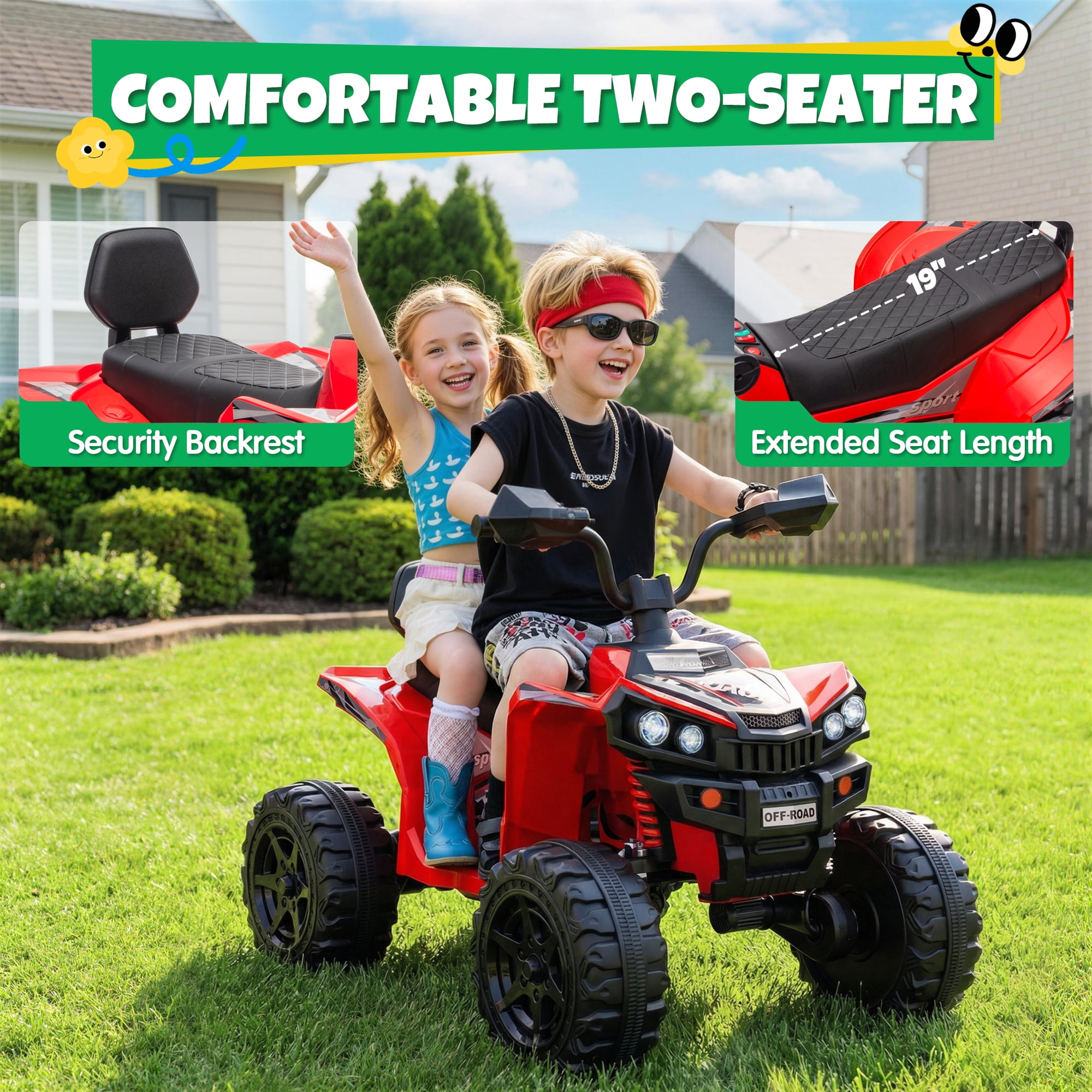 24V Kids Ride On ATV for Ages 3-8, 4WD Electric Quad with 4 Motors, Bluetooth Music, LED Lights, Spring Suspension, 3-5 km/h, 110 lbs Capacity, Battery Powered Toy for Boys Girls, Red