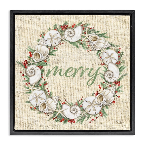 Stupell Industries Shells & Holly Merry Holiday Painting Black Floater Framed Canvas Art Print Wall Art, 18 x 18