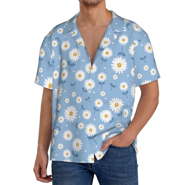 Fotbe Daisies Flowers Camisa Estampada de Manga Corta para Hombre, Casual de Verano, Estilo Playero, Sin Arrugas-Small