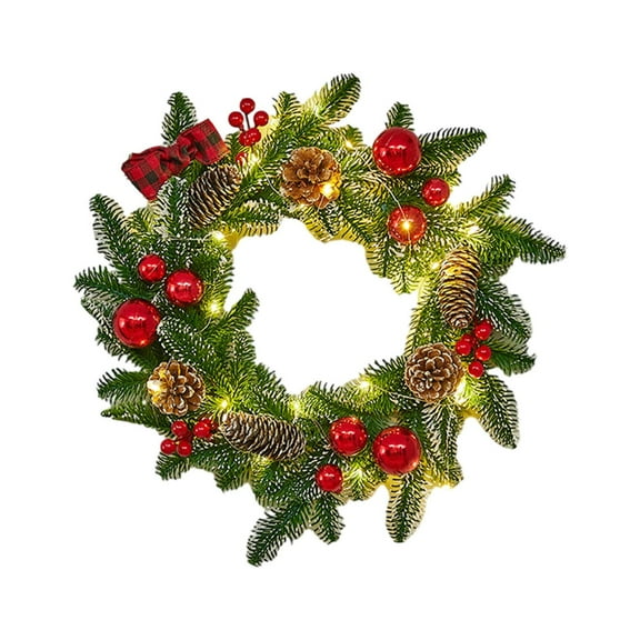 Tarmeek Christmas Wreaths Lighted Artificial Christmas Wreath with Red Bow Lighted Door Wreath Adorned with Pine Cones Red Berries Outdoor Prelit Xmas Wreath for Holiday Hanging Decor