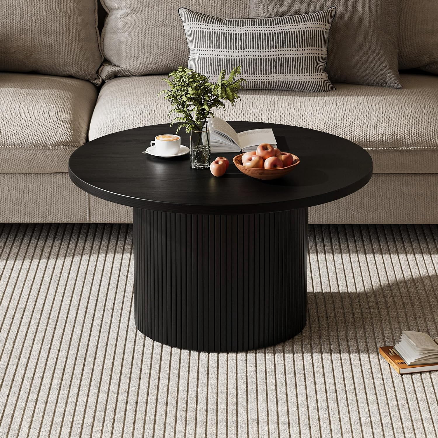 FURNIWAY Black Round Coffee Table with Storage, 35" Coffee Tables for Living Room, Circle Wood Accent Center Table for Apartment