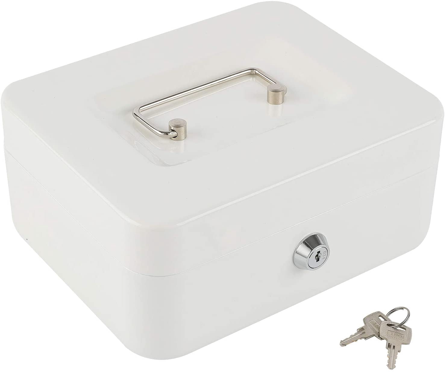 Medium Cash Box with Money Tray,Small Safe Lock Box with Key,Cash Drawer,7.87"x 6.30"x 3.54" White Medium-White
