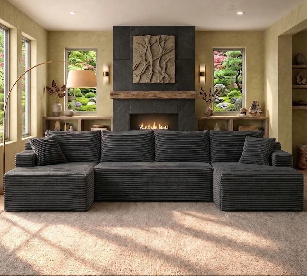 Howcool 134" Modular Cloud Couch, U-Shaped Sectional Sofa with Double Chaise, Oversized Deep Seat Boneless Corduroy Sofa with Cup Holders & Side Pockets, No Assembly Required, Grey