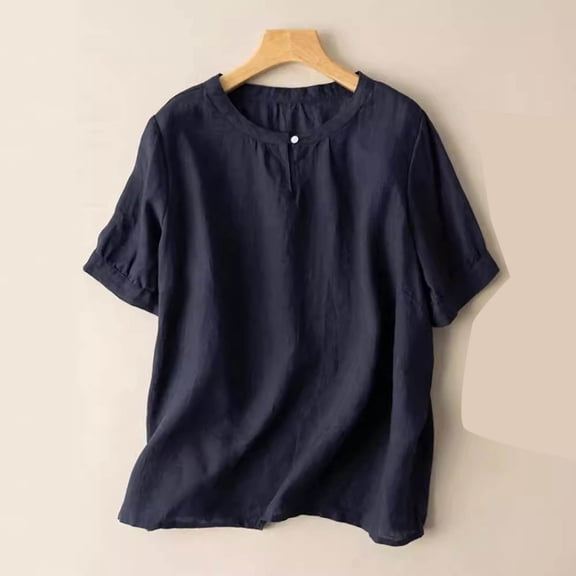 Pounoo Solid Color Cotton Linen Tops for Women Crewneck Button Front Short Sleeve Shirts Casual Loose Fit Basic Tee Gift