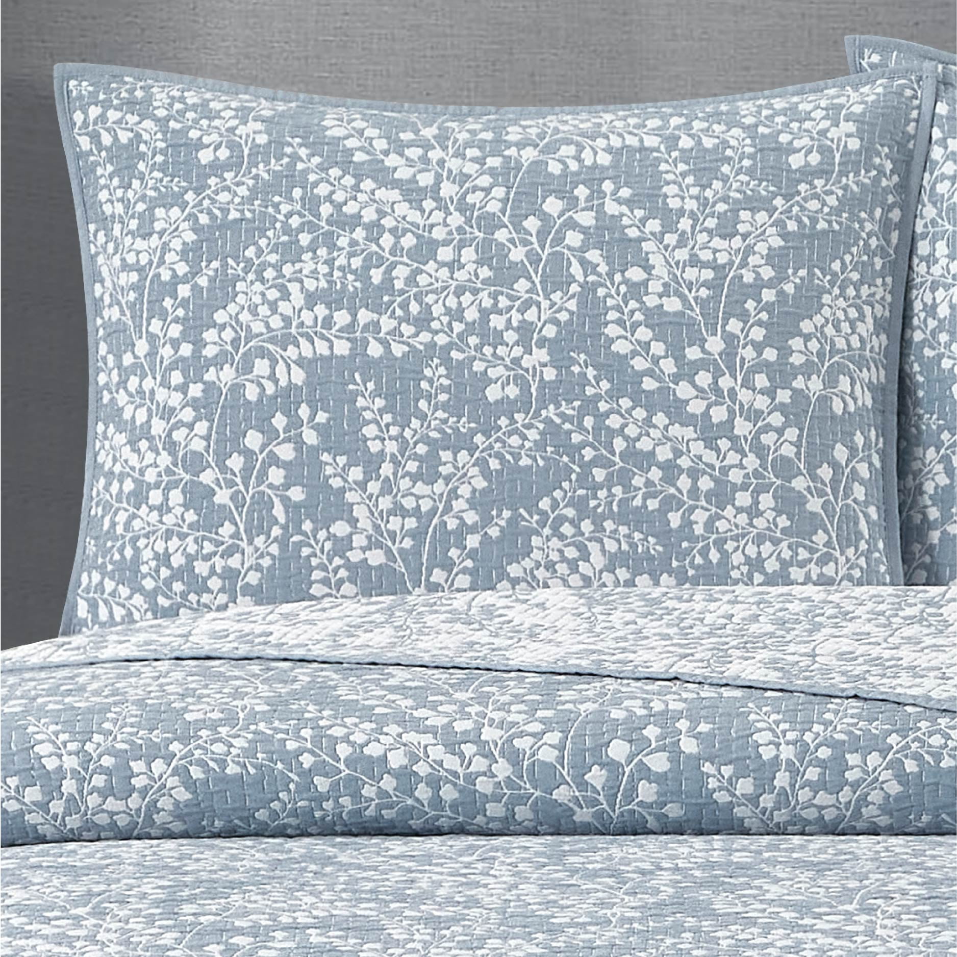 Mainstays Botanical Floral Stitched Pillow Sham, King, Light Blue, 1 Pack