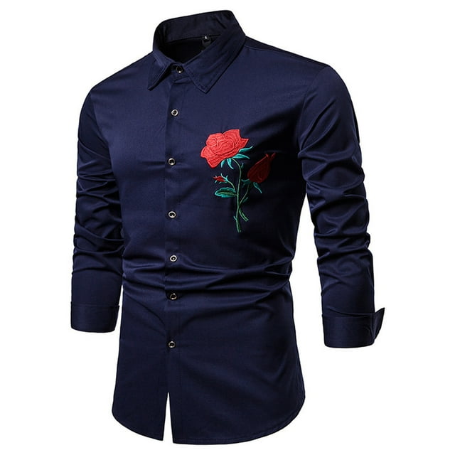breaise Chemises Habillées à Fleurs pour Hommes Soldes de Liquidation Chemise à Manches Longues Ajustée Imprimée Brodée de Roses Chemise Décontractée à Boutons Chemises de Bal de Promo Mariage Boîte de Nuit Chemise Brillante Bleu Marine m Aubaines Mode