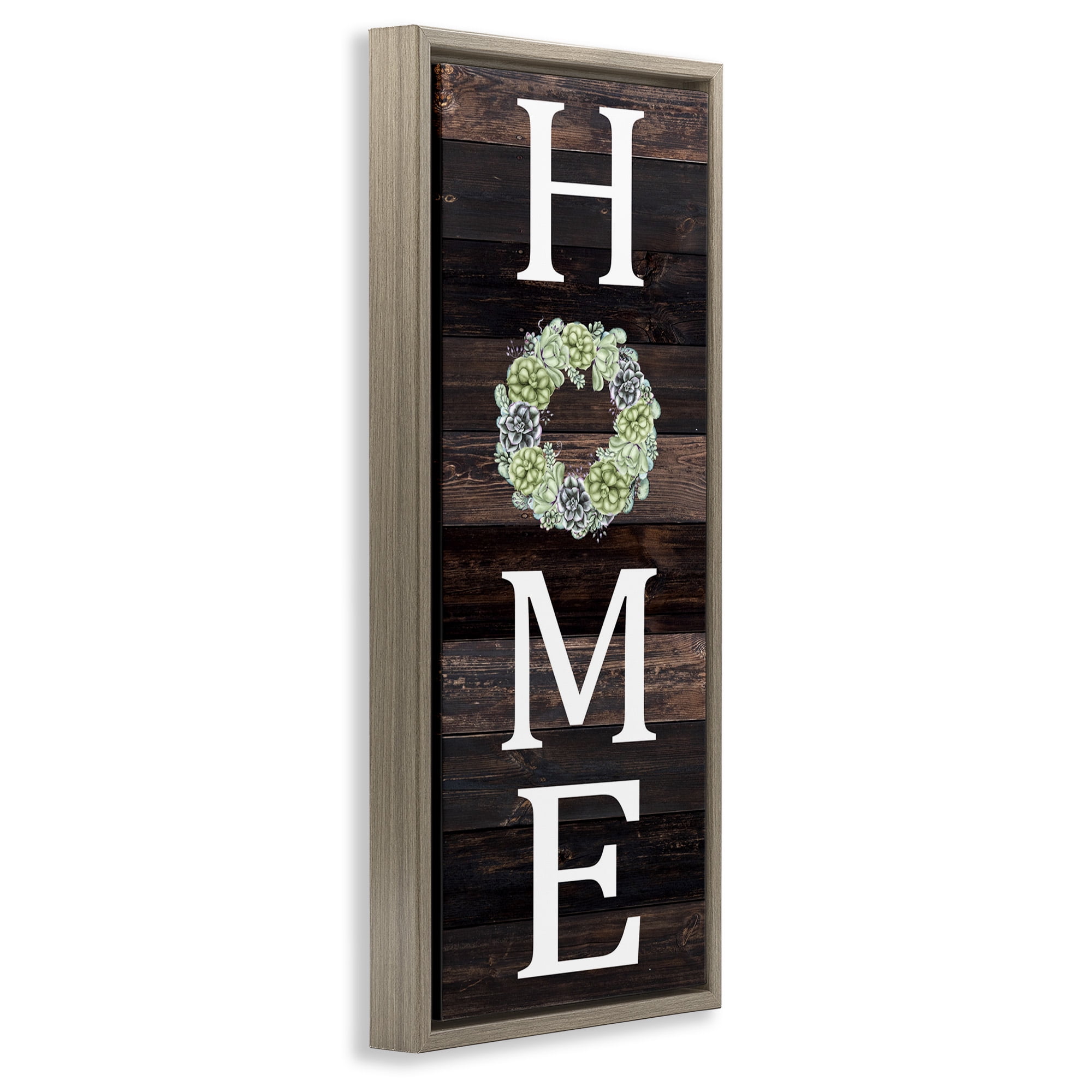 Stupell Industries Welcome Home with Succulent Wreath Typography Painting Brown Floater Framed Canvas Art Print Wall Art, 15 x 31