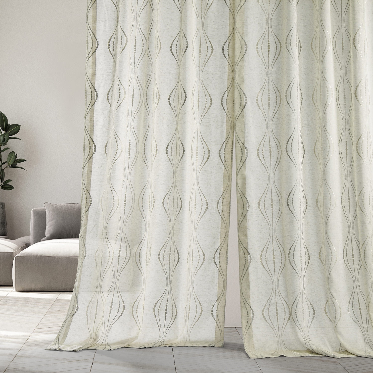 Suez Natural Embroidered Faux Linen Sheer Curtain (1 Panel), Suez Natural, 50W X 84L