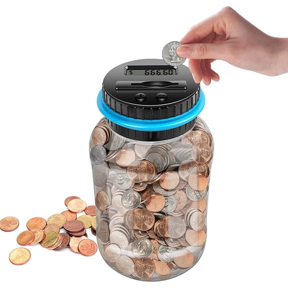 TiokMc Digital Piggy Bank for Adults and Kids, Transparent 1.8L Coin Counter Jar with LCD, Automatic Counting, Large Money Saving Jar, Birthday & Christmas Gift