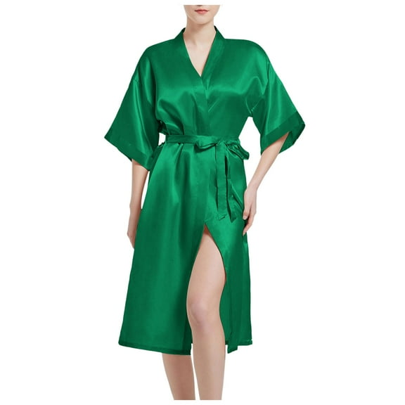 HNMKIU Women's Satin Kimono Bridal Dressing Gown Bathrobe V Neck Silk Robe with Belt for Elegant Dressing Experience,Sizes XL