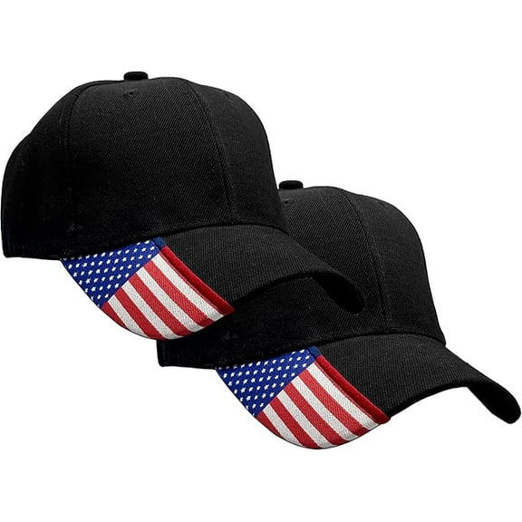 Patriotic Black Baseball Cap Breathable Design w/American Flag Detail on Side and Adjustable Hook & Loop Strap
