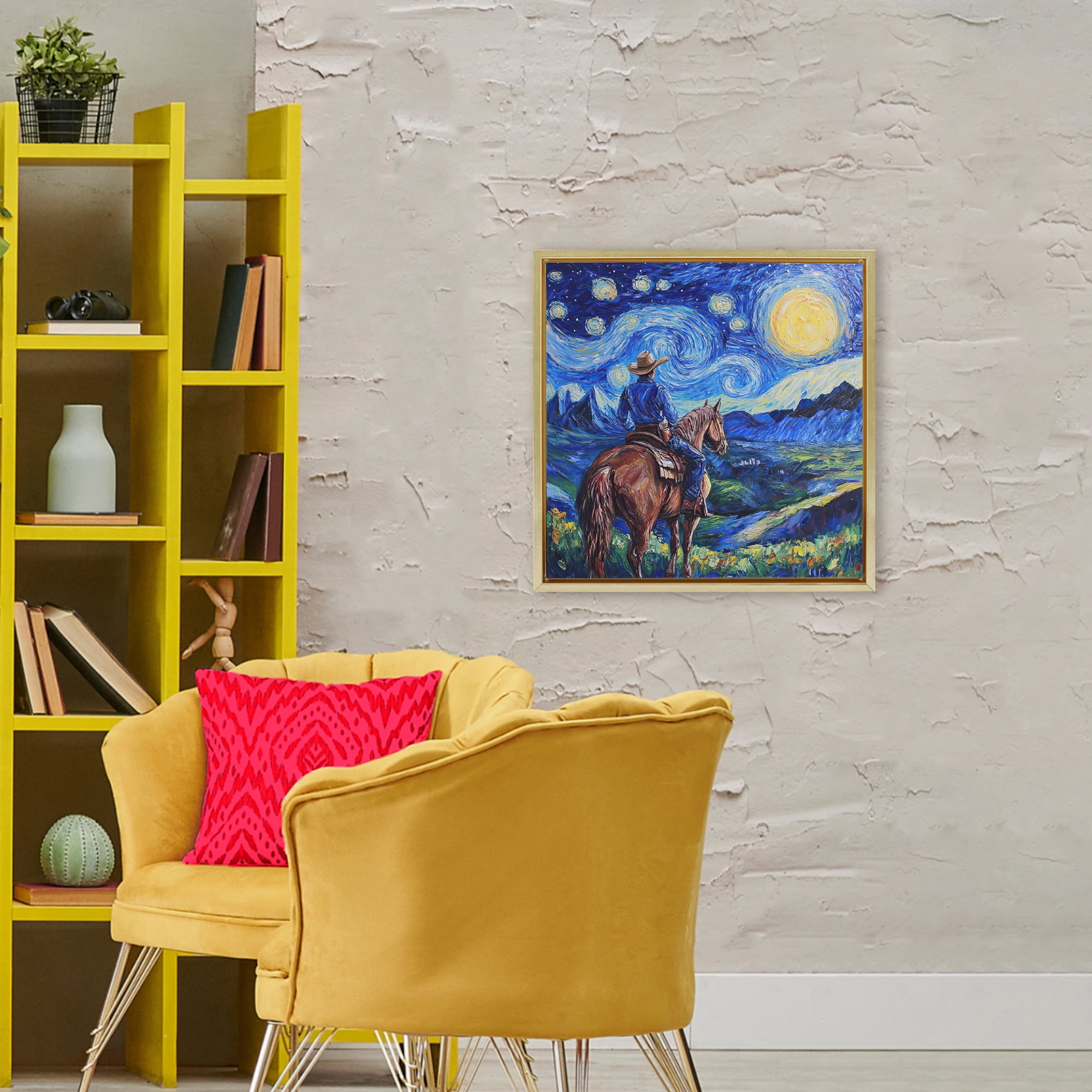 Stupell Industries Starry Night Cowboy Gold Framed Floater Canvas Wall Art, design by Tina LeCour