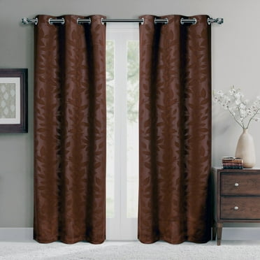 Virginia Pair (Set of 2) Blackout Weave Energy-Saving Thermal Curtain Panels Grommet Embossed fabric Leafy Designs - 74"W X 96" L - Chocolate