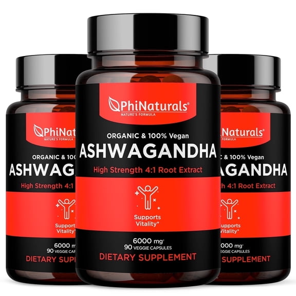 Phinaturals Organic Ashwagandha Root Extract 6000 mg Equivalent | 1500 mg per Serving | Vegan Capsules 90 Count | Stress Support for Men & Women