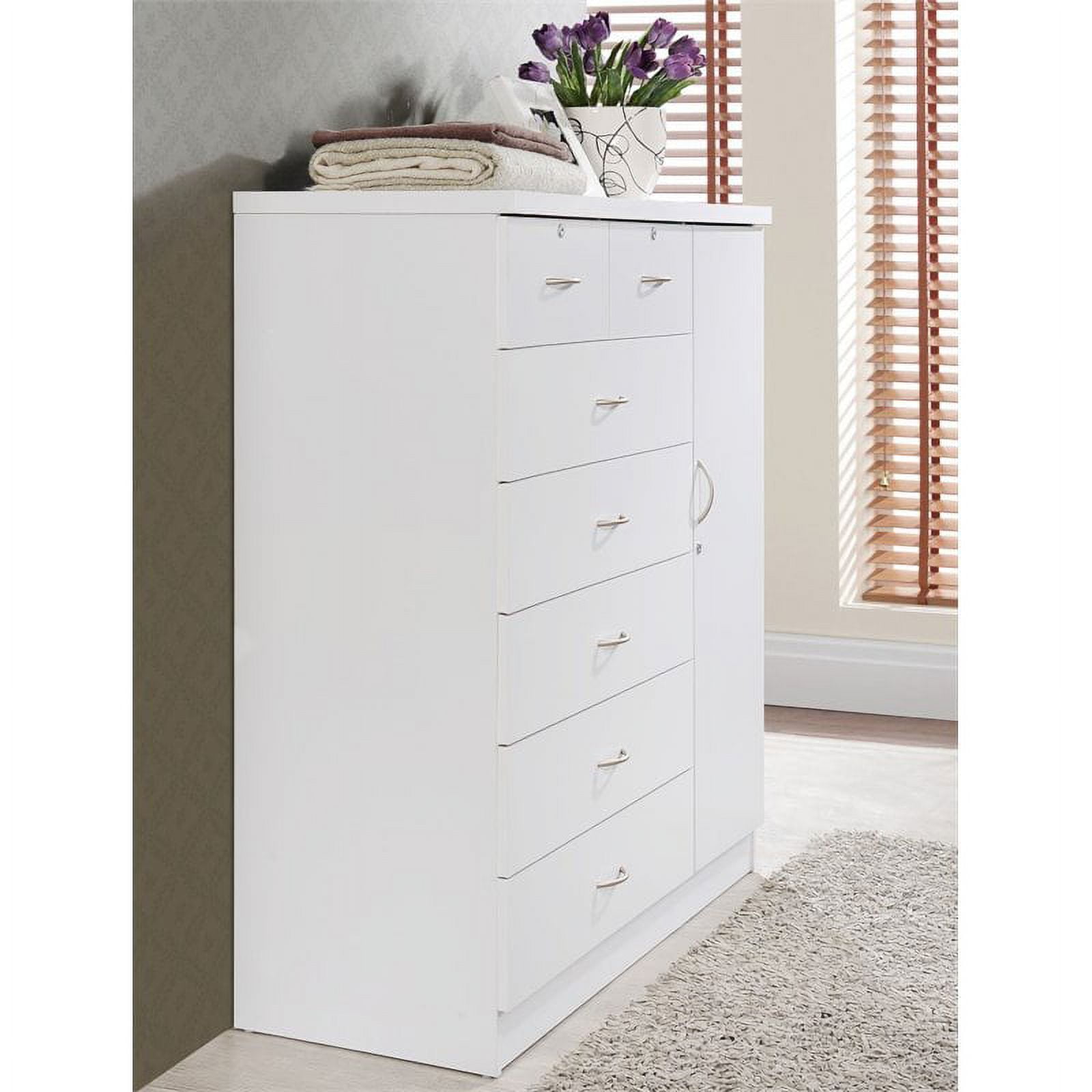 Hodedah 7-Drawer Chest with Locks on 2-Top Drawers Plus 1-Door 3-Shelves - White