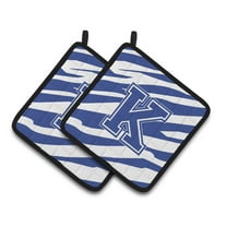 Caroline's Treasures Monogram Initial K Tiger Stripe Blue and White Pair of Pot Holders