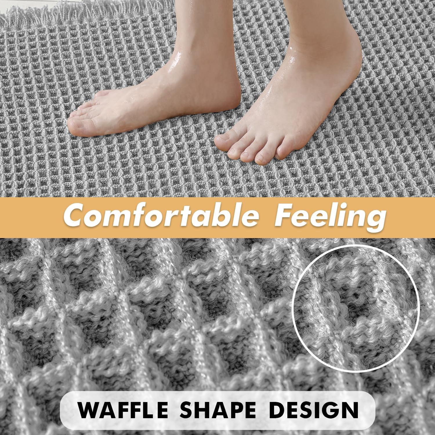 Set of 2 Waffle Bathroom Rugs, Boho Bath Rugs Non Slip Washable, Super Absorbent Bath Mats, Ultra Soft Rubber Backed Shower Mats for Bathroom Floor, Tub and Shower, Brown, 18x30 Inch