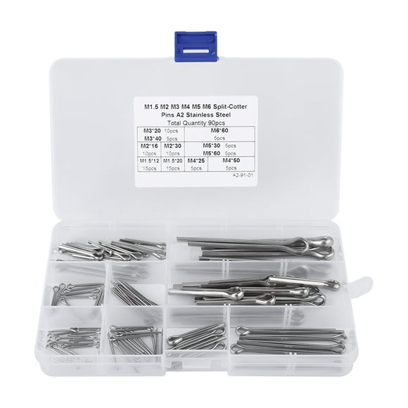 Qiilu 90pcs 11 Kinds M1.5 M2 M3 M4 M5 M6 Split Cotter Pins Assortment with Case, Cotter Pins, Split Pins Cotter