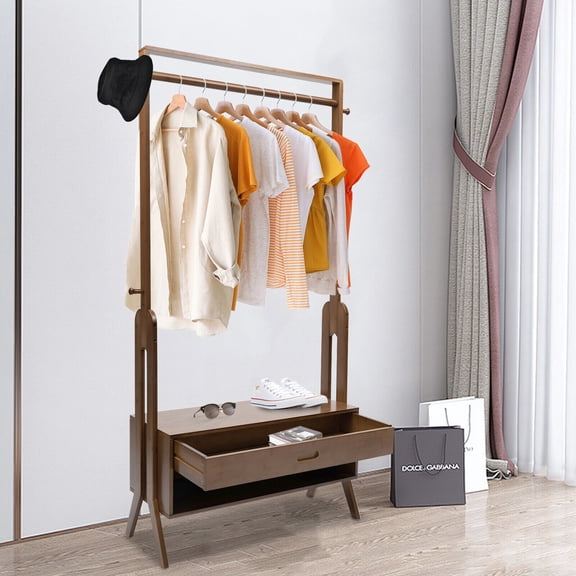 Vintage Bamboo Garment Rack Retro Freestanding Closet Organizer Coat Rack 300lbs for Bedroom, Living Room