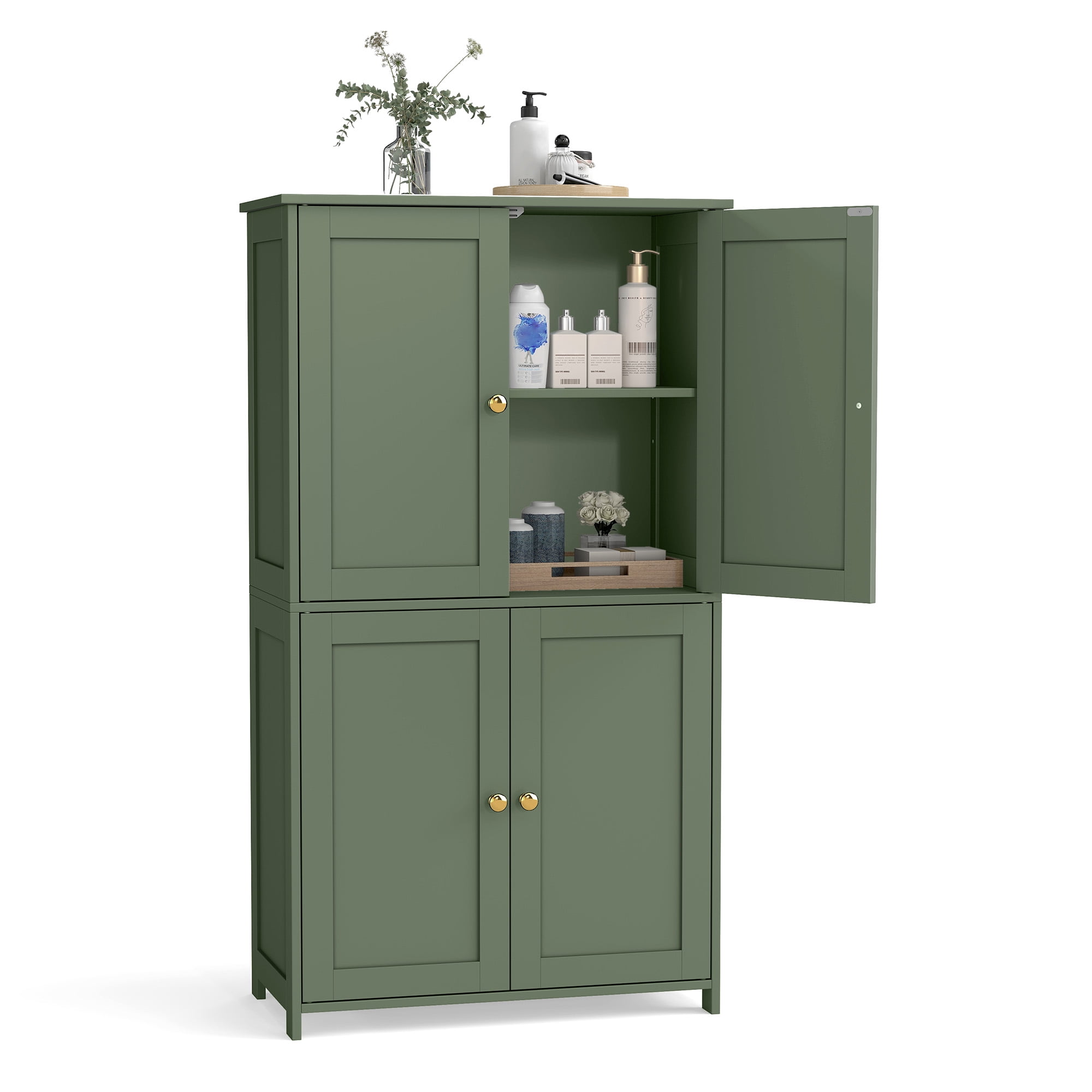 LEDREM Bathroom Storage Floor Cabinet Organizer with Adjustable Shelf 4 Magnetic Doors Freestanding for Living Kitchen Room Small Spaces,Green