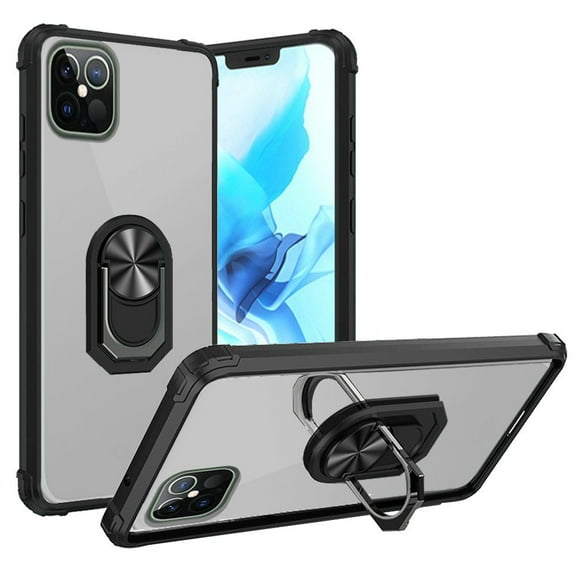 For iPhone 12 & iPhone 12 Pro (Open Camera Hole) Transparent Magnetic Ring Kickstand Case Cover - Clear/Black
