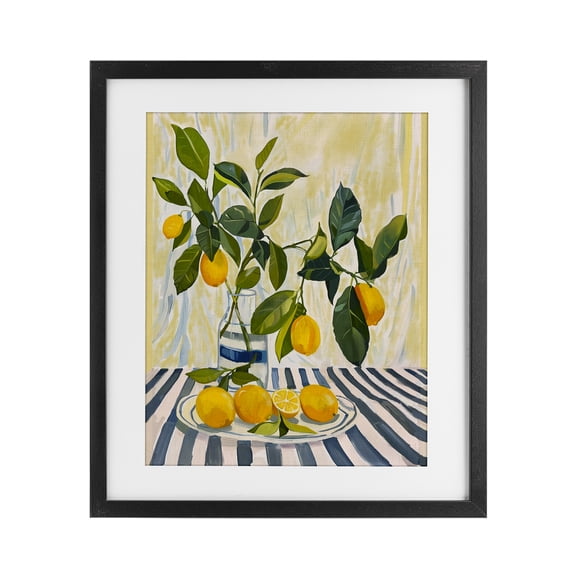 Stupell Industries Lemons on Striped Tablecloth Black Framed Print Under Glass, design by Yen