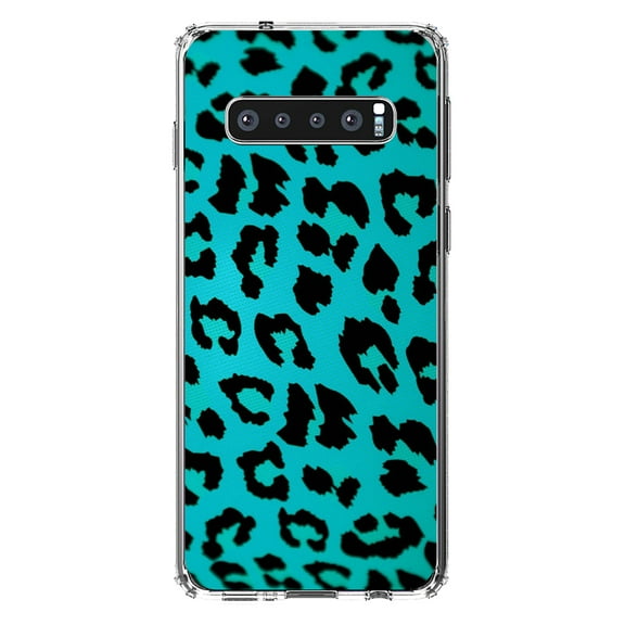 DistinctInk Clear Shockproof Hybrid Case for Samsung Galaxy S10  PLUS(6.4" Screen) - TPU Bumper, Acrylic Back, Tempered Glass Screen Protector - Teal Black Leopard Skin Spots