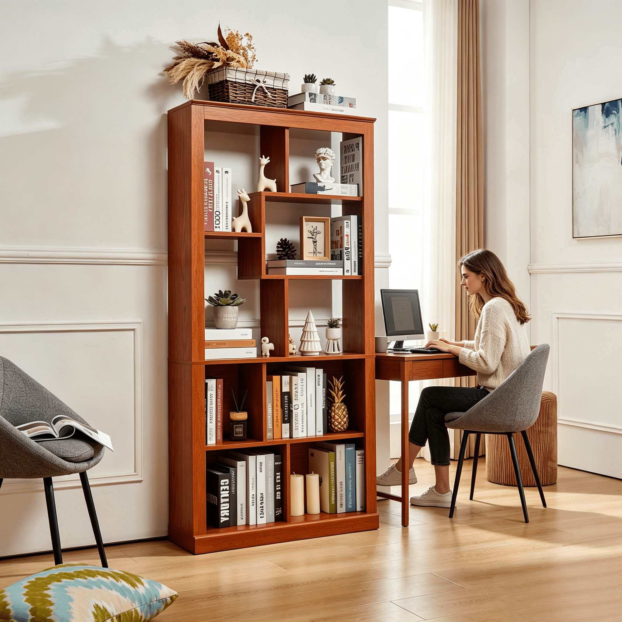 Free Combination Open Cubby Bookshelf, Freestanding MDF Display Storage Bookcase with Anti-Tip Straps, Easy to Assemble Classified Storage Organizer for Living Room Bedroom Home Office