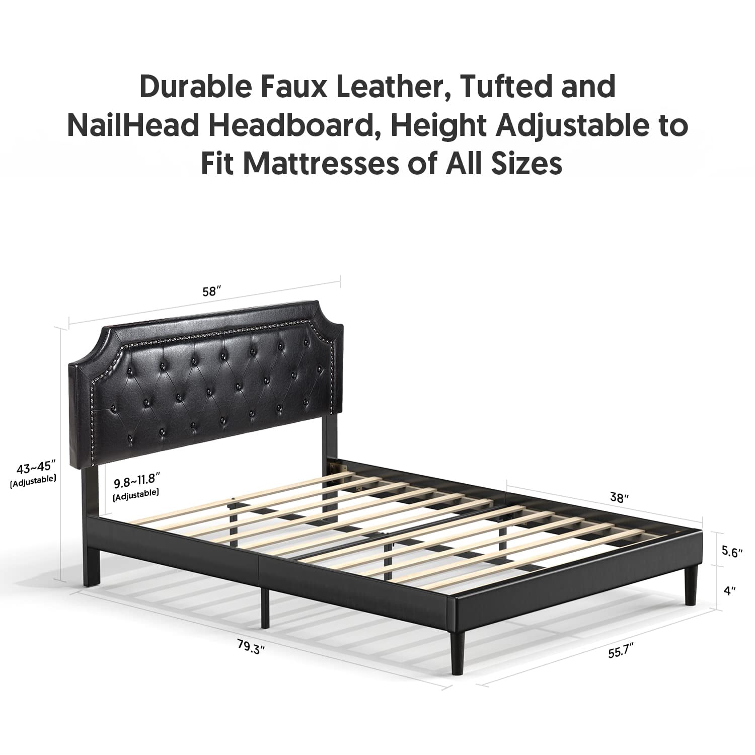 BONSOIR FULL Size Bed Frame Upholstered Low Profile Platform Bed with Tufted Faux Leather Headboard/No Box Spring Needed/No Bed Skirt Needed (Black, Full Size)