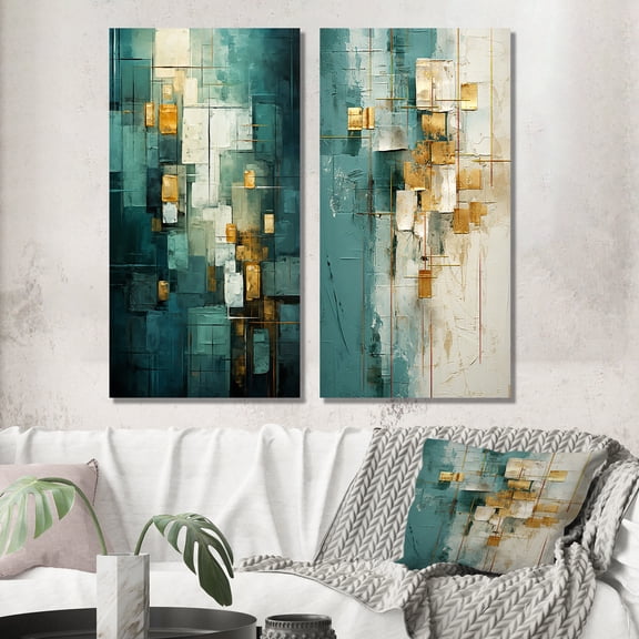 Designart "California Dreaming Retro Abstract in Gold and Teal I" Abstract Painting Wall Art Set Of 2 - Modern Gold Gallery Set For Office Decor